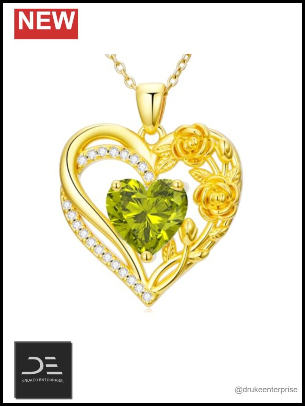 Women's 14K Gold Plated Birthstone Heart Pendant Necklace with Rose & Chain